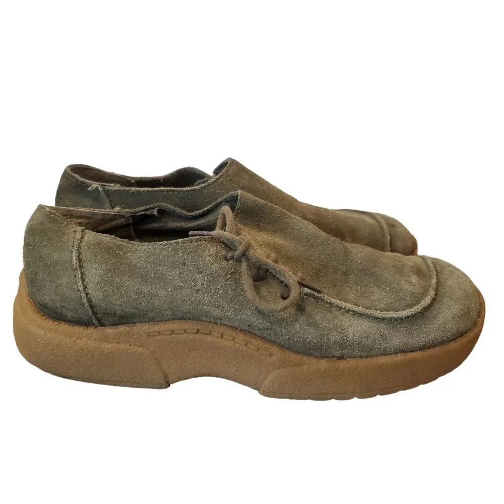 Vintage 90s Chunky Platform Shoes Slipon Suede Army Green Chukka Loafer Sz‎ 8.5